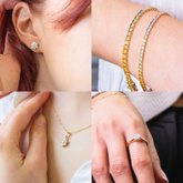 A collage showcasing the curated collection of ethical lab-grown diamond and gemstone jewellery from Griffin & Co, Chichester. The image features a lab-grown diamond flower stud earring, a matching pendant necklace, colourful sapphire tennis bracelets, and a modern bezel-set solitaire ring, all in yellow gold.